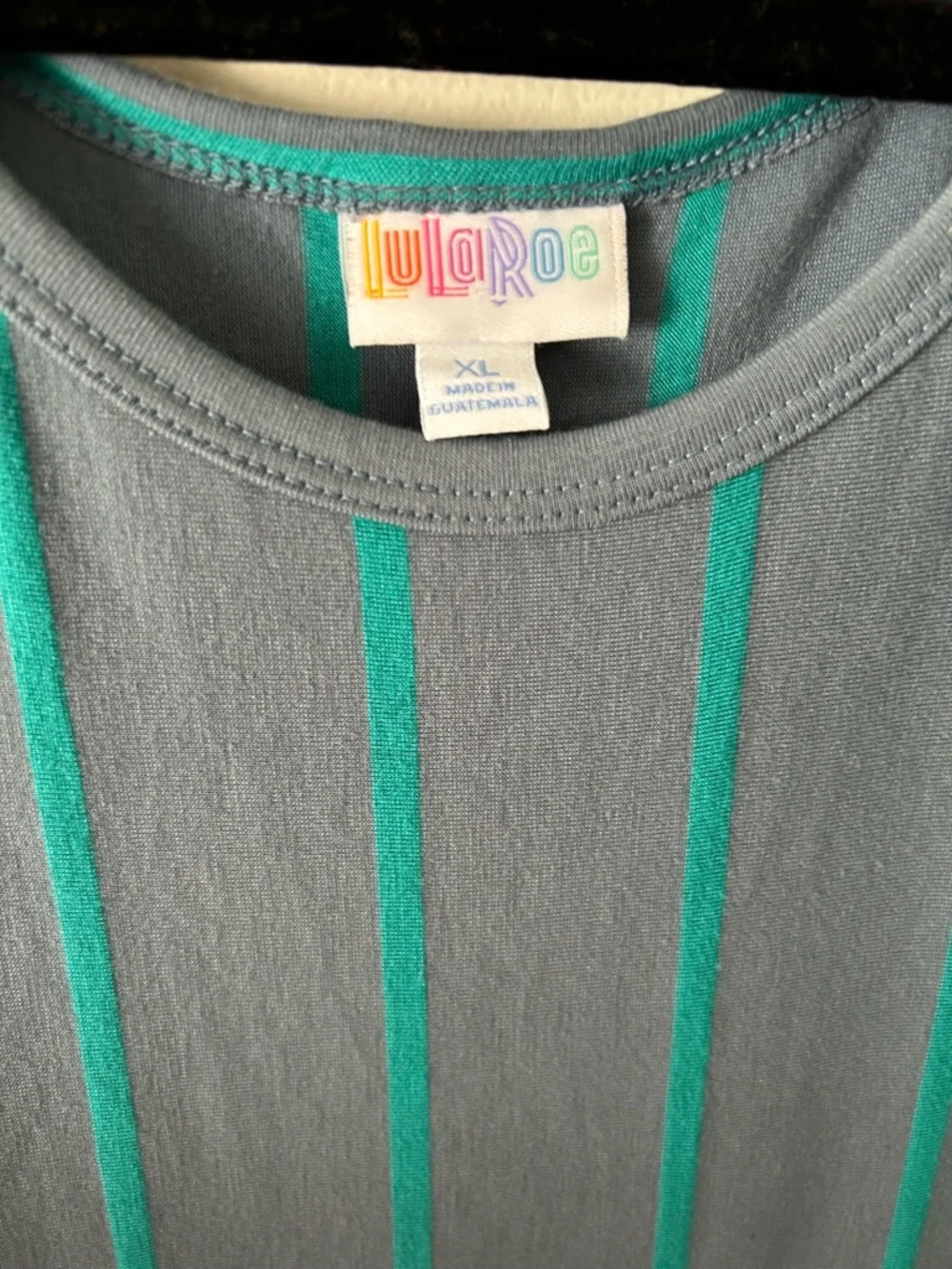 LuLaRoe Carly Gray Maxi Dress with Teal Stripe High-Low Hem - Picture 4 of 6